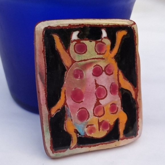 c'94 WASHINGTON LEDESMA HandMade Terracotta Beetle Brooch Wearable Pottery Art - Picture 12 of 12